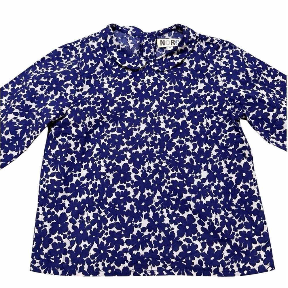 Noro Floral Blouse Cotton Blue White Peter Pan Collar Button Back Boho Girls 6A